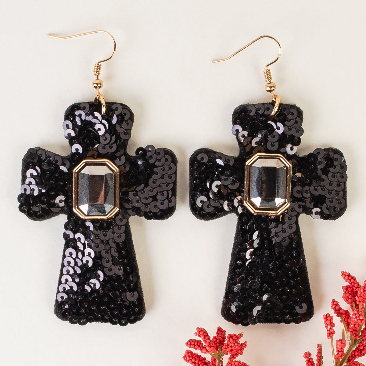 93262 - Sequin Cross Earrings - Black