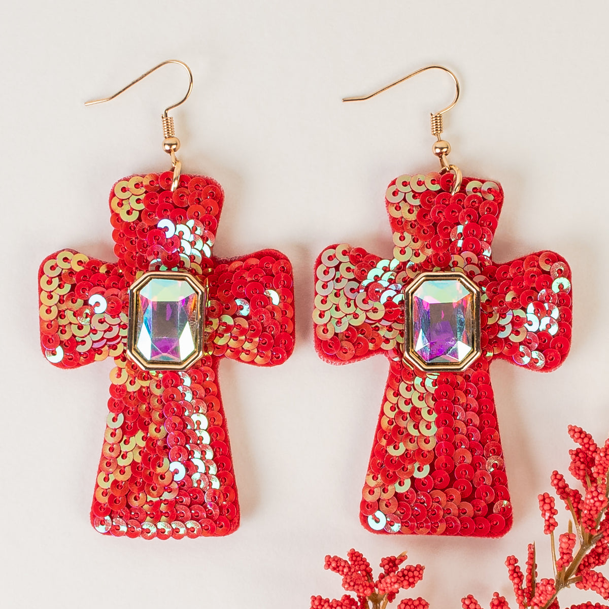 93262 - Sequin Cross Earrings - Red