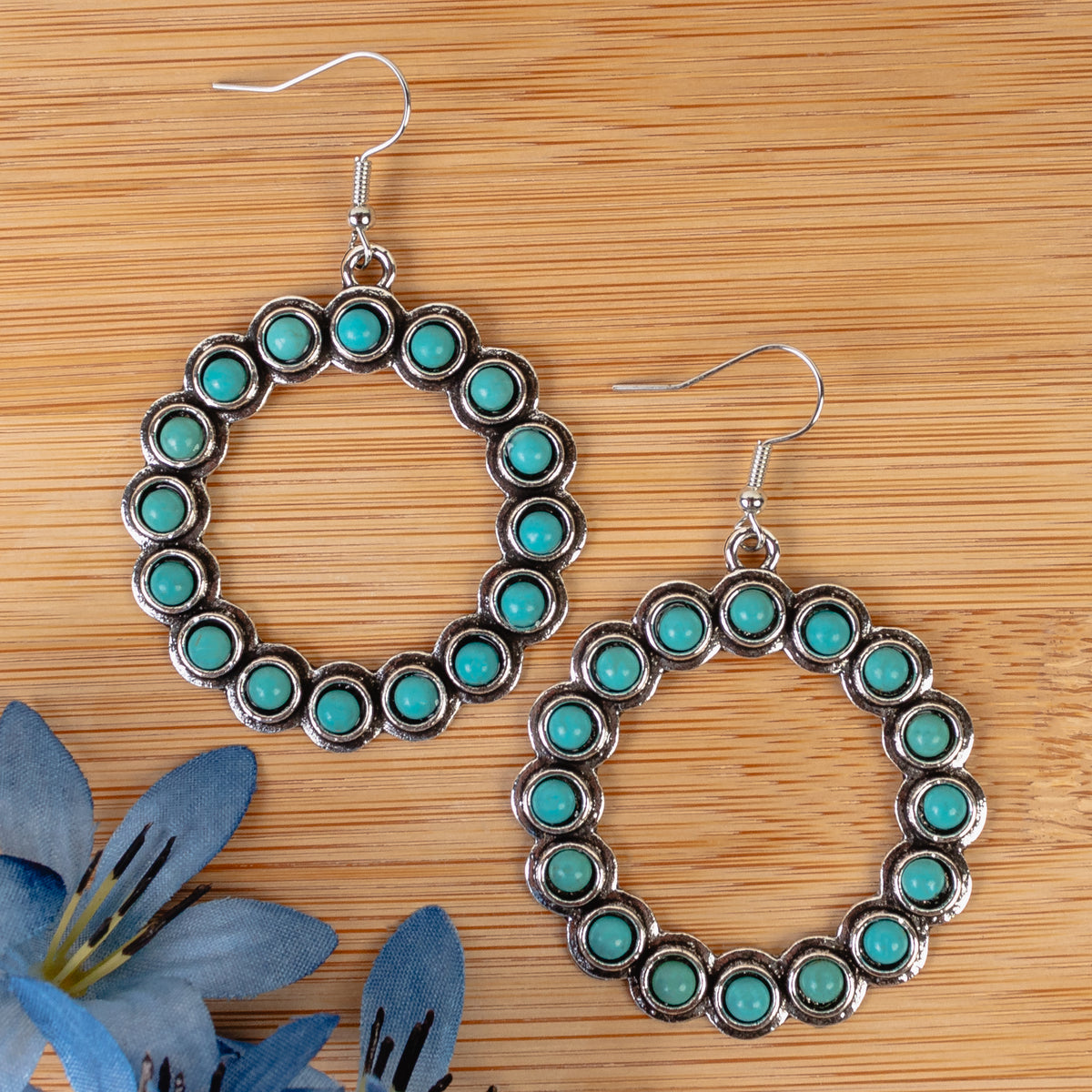 93277 - Squash Blossom Hoop Earrings - Turquoise & Silver