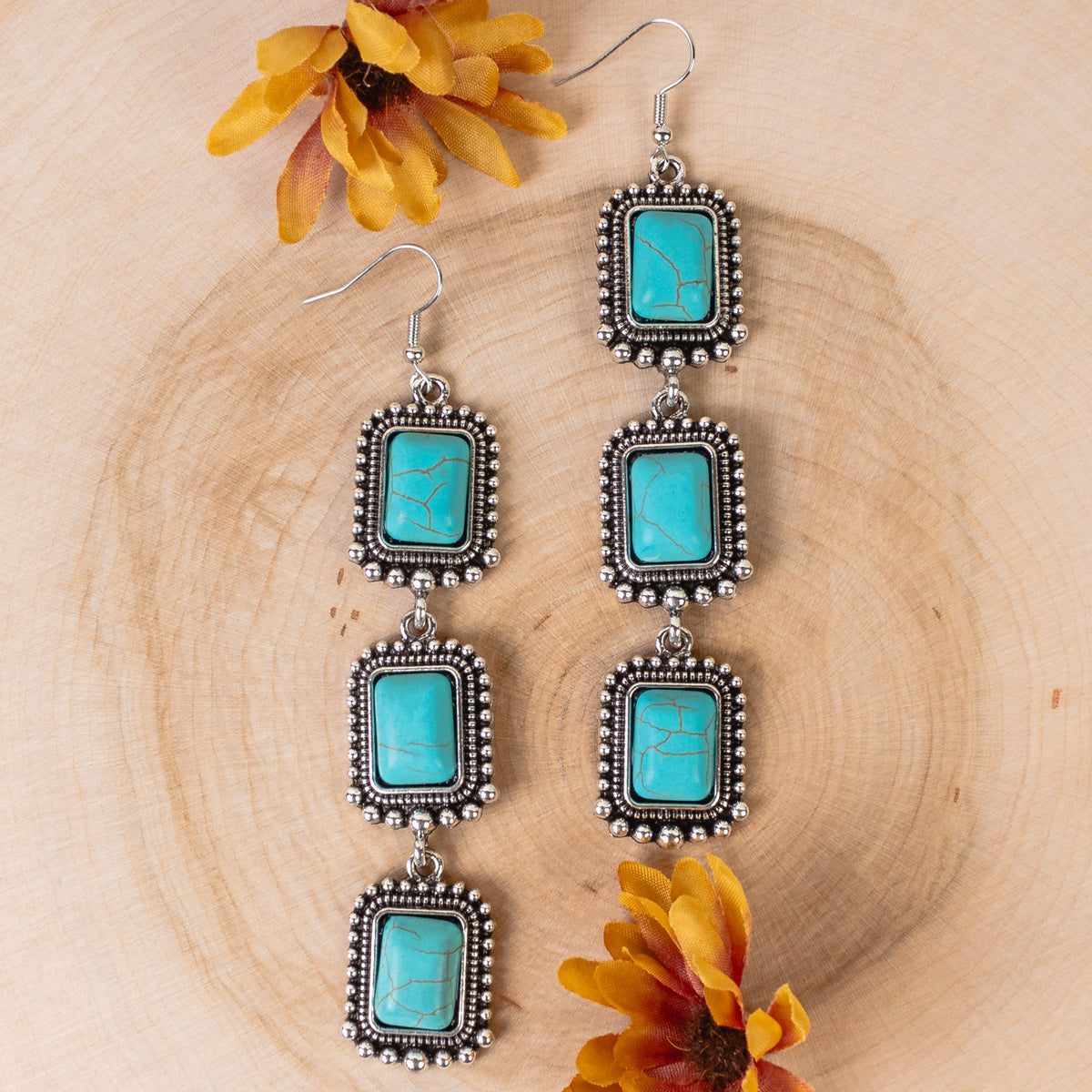 93279 - Tiered Western Earrings - Turquoise & Silver