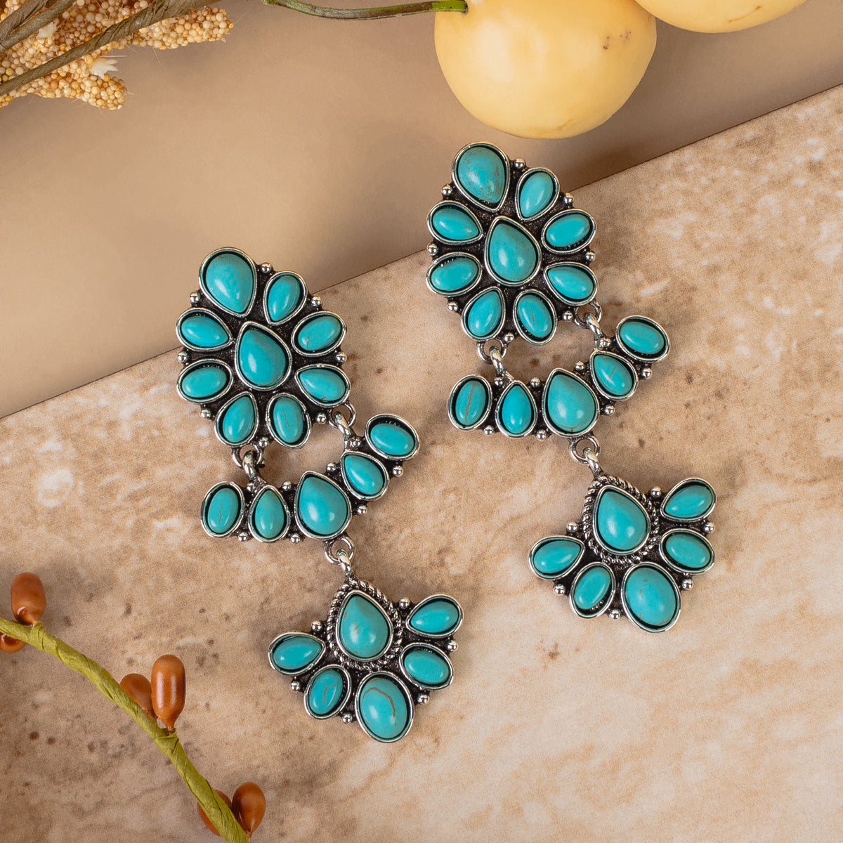 93281 - Squash Blossom Earrings - Turquoise & Silver