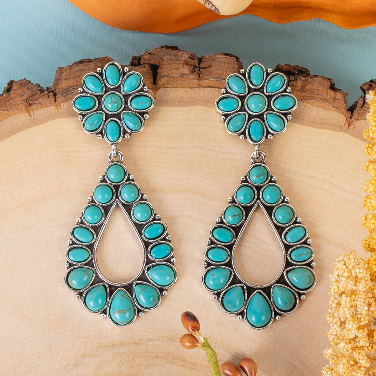 93282 - Squash Blossom Earrings - Turquoise & Silver