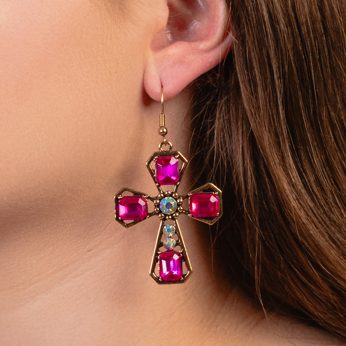 93289 - Crystal Cross Earrings - Fuchsia