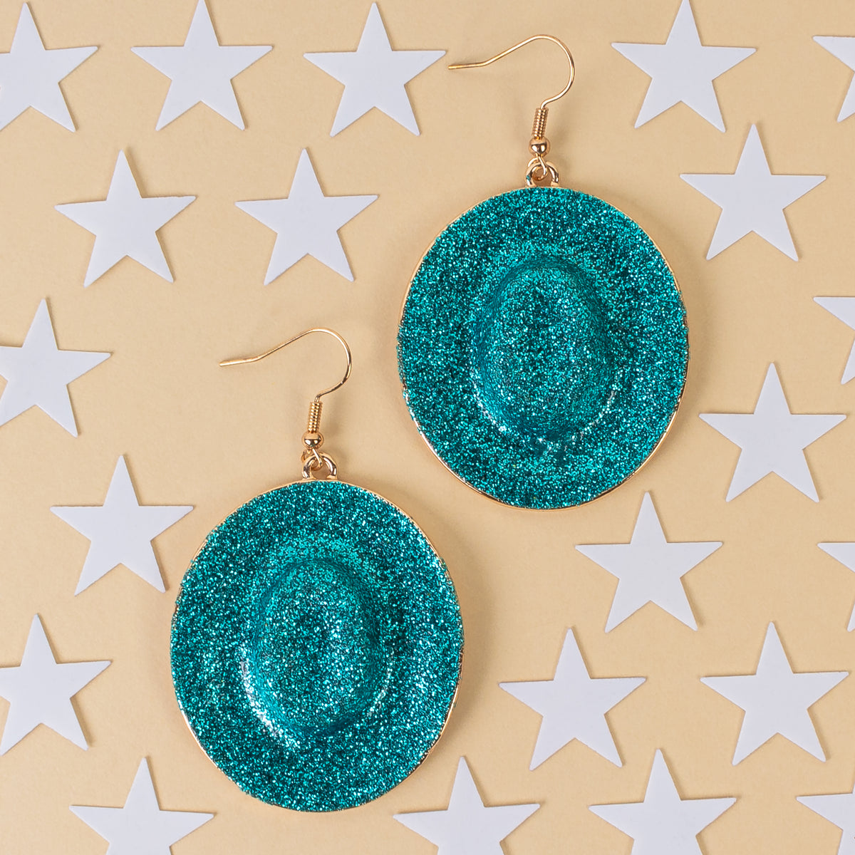 93296 - Western Glitter Cowboy Hat Earrings - Turquoise