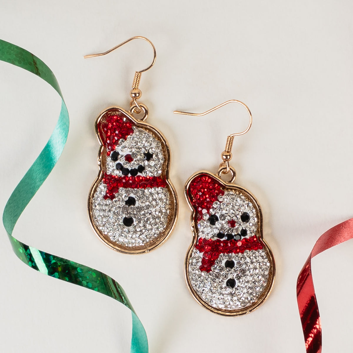 93302 - Rhinestone Snowman Earrings - Red & White