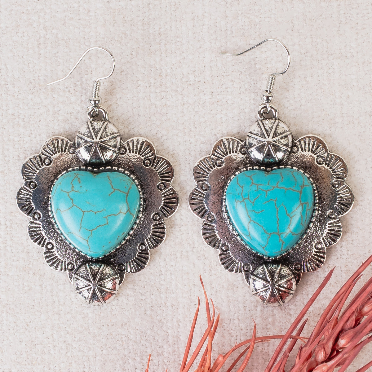 93320 - Squash Blossom Heart Earrings - Turquoise & Silver