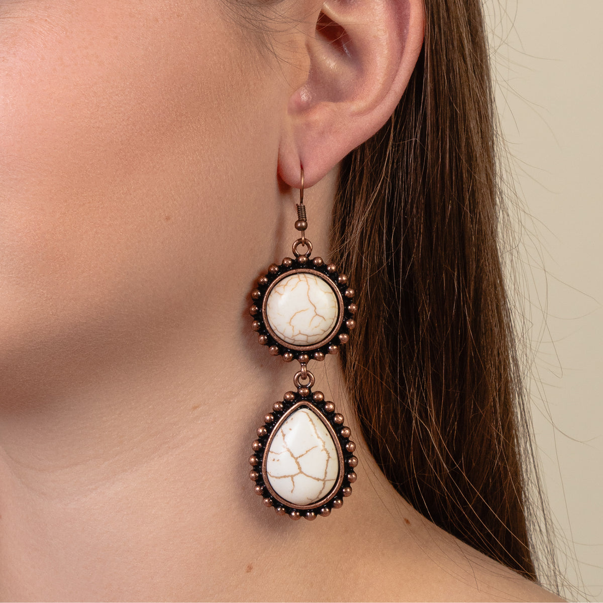 93326 - Crystal Drop Earrings - Ivory & Copper