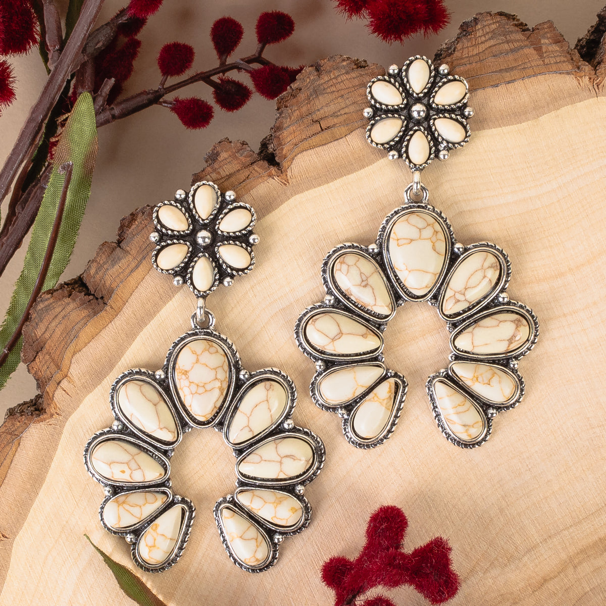 93327 - Squash Blossom Earrings - Ivory & Silver