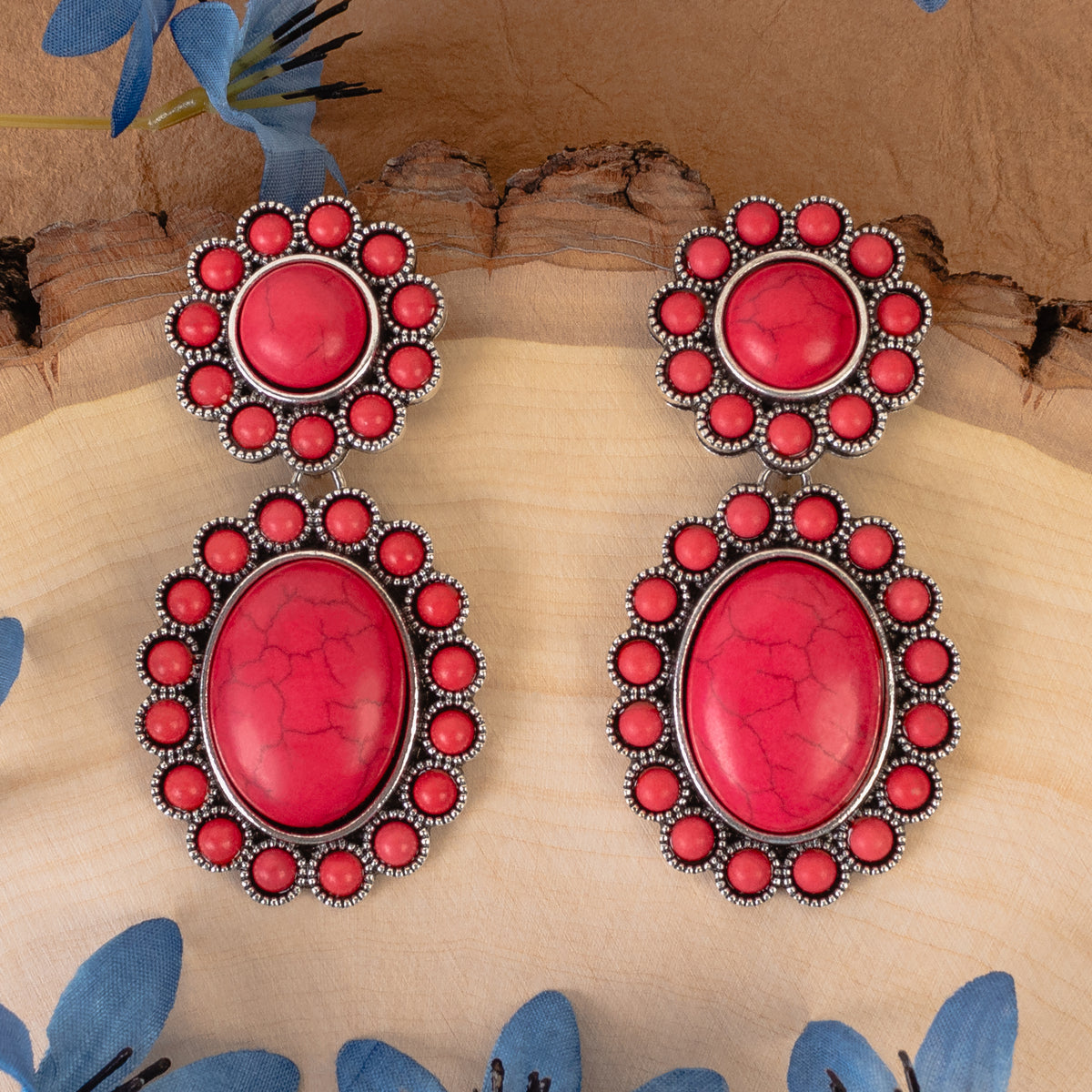 93329 - Squash Blossom Earrings - Red & Silver