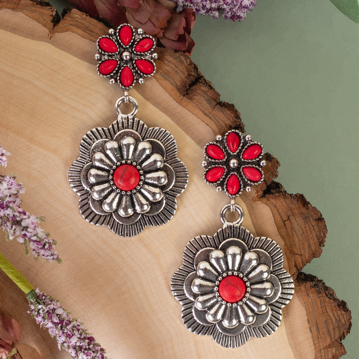 93331 - Squash Blossom Earrings - Red & Silver