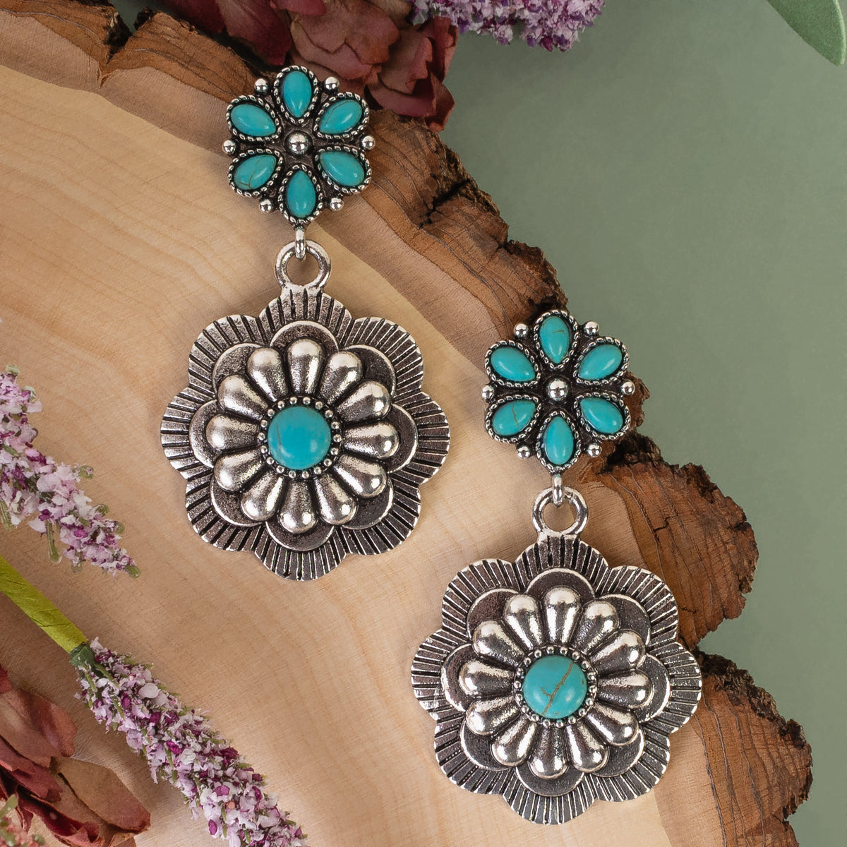 93331 - Squash Blossom Earrings - Turquoise & Silver
