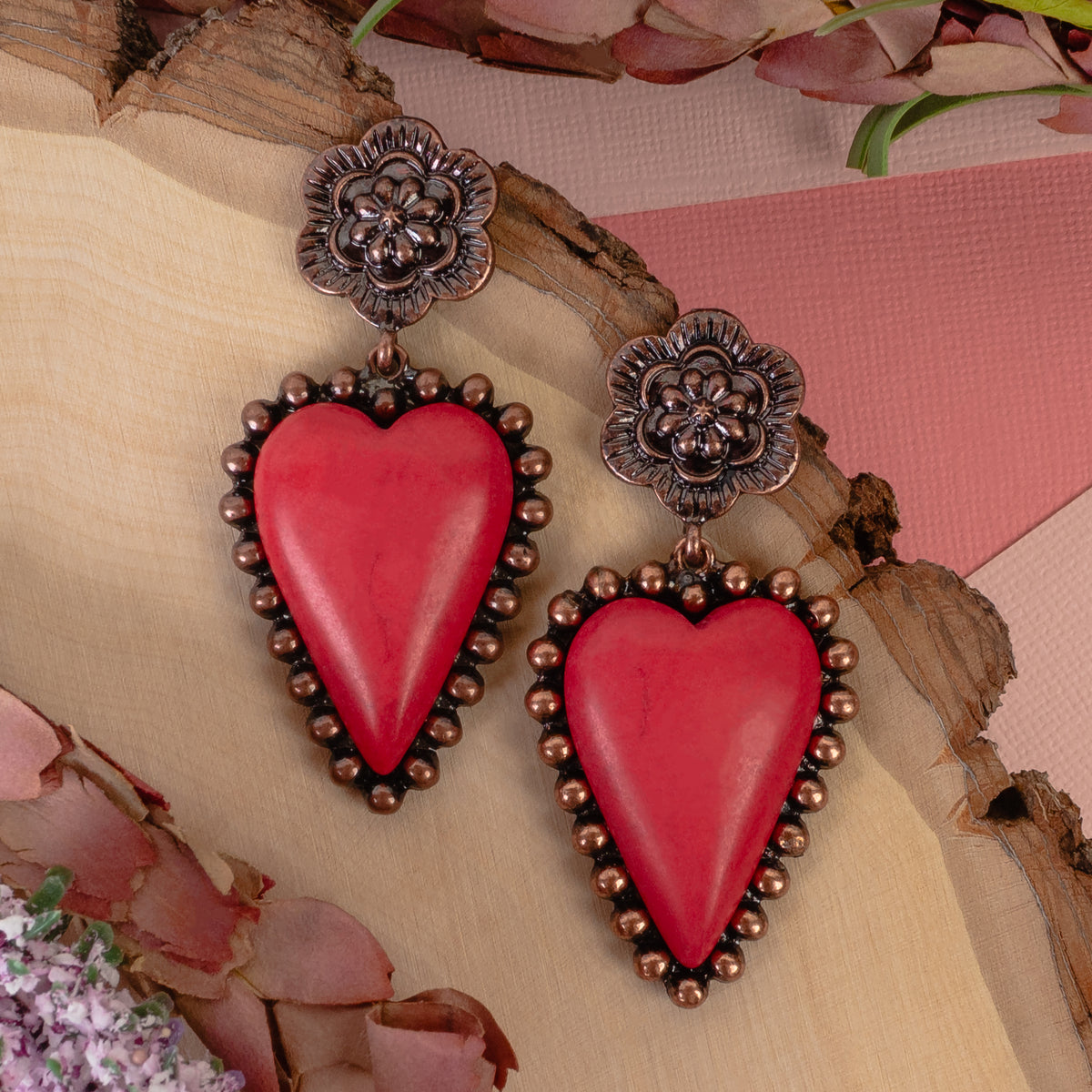 93332 - Squash Blossom Heart Earrings - Red & Copper