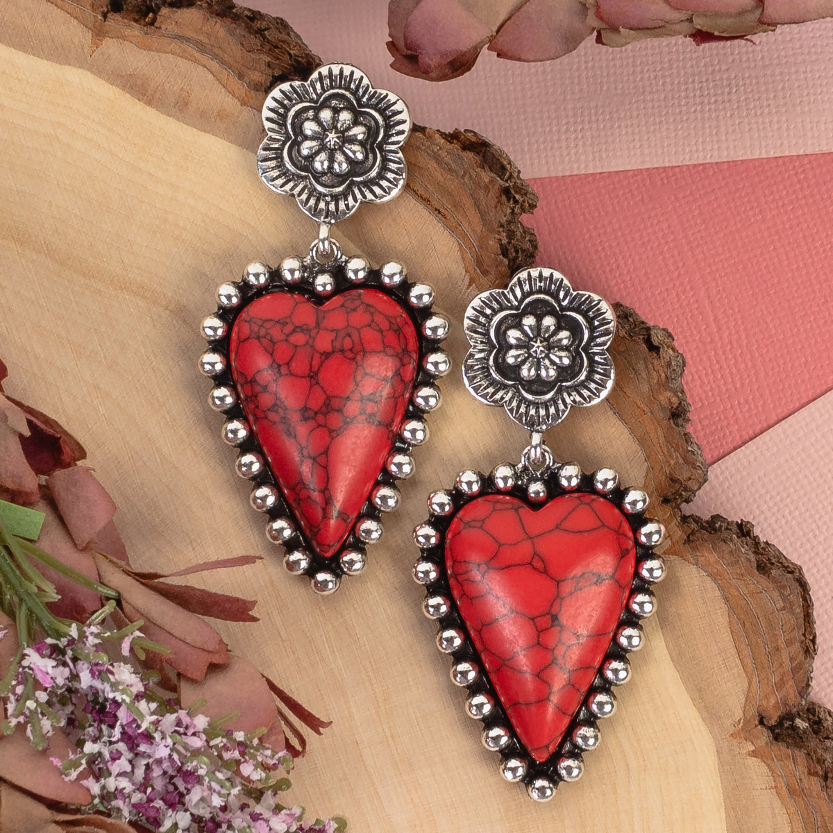 93332 - Squash Blossom Heart Earrings - Red & Silver