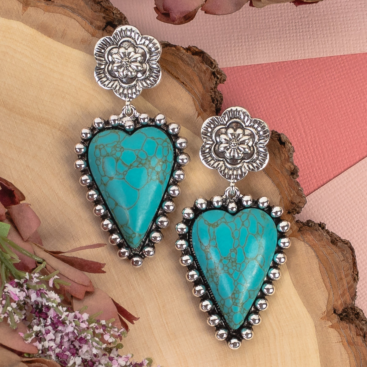 93332 - Squash Blossom Heart Earrings - Turquoise & Silver