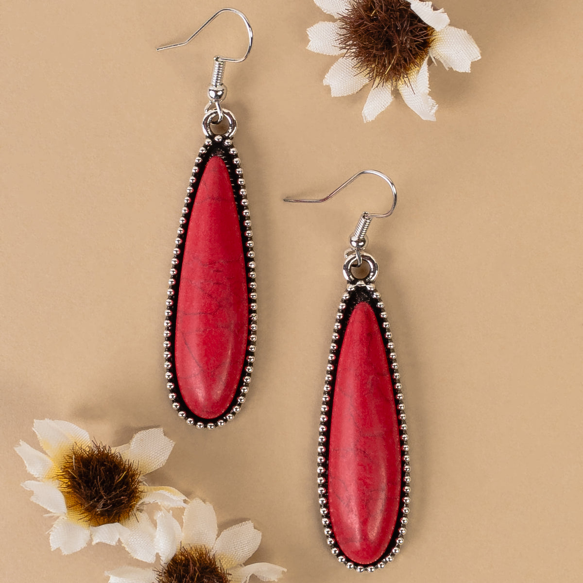 93338 - Squash Blossom Earrings - Red & Silver