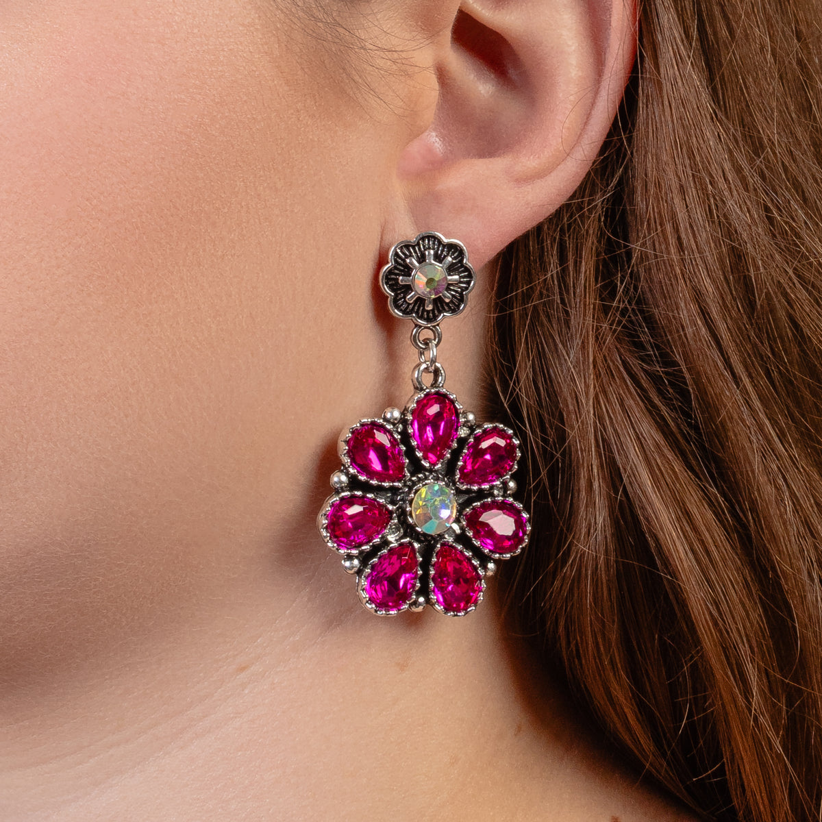 93340 - Crystal Flower Earrings - Fuchsia