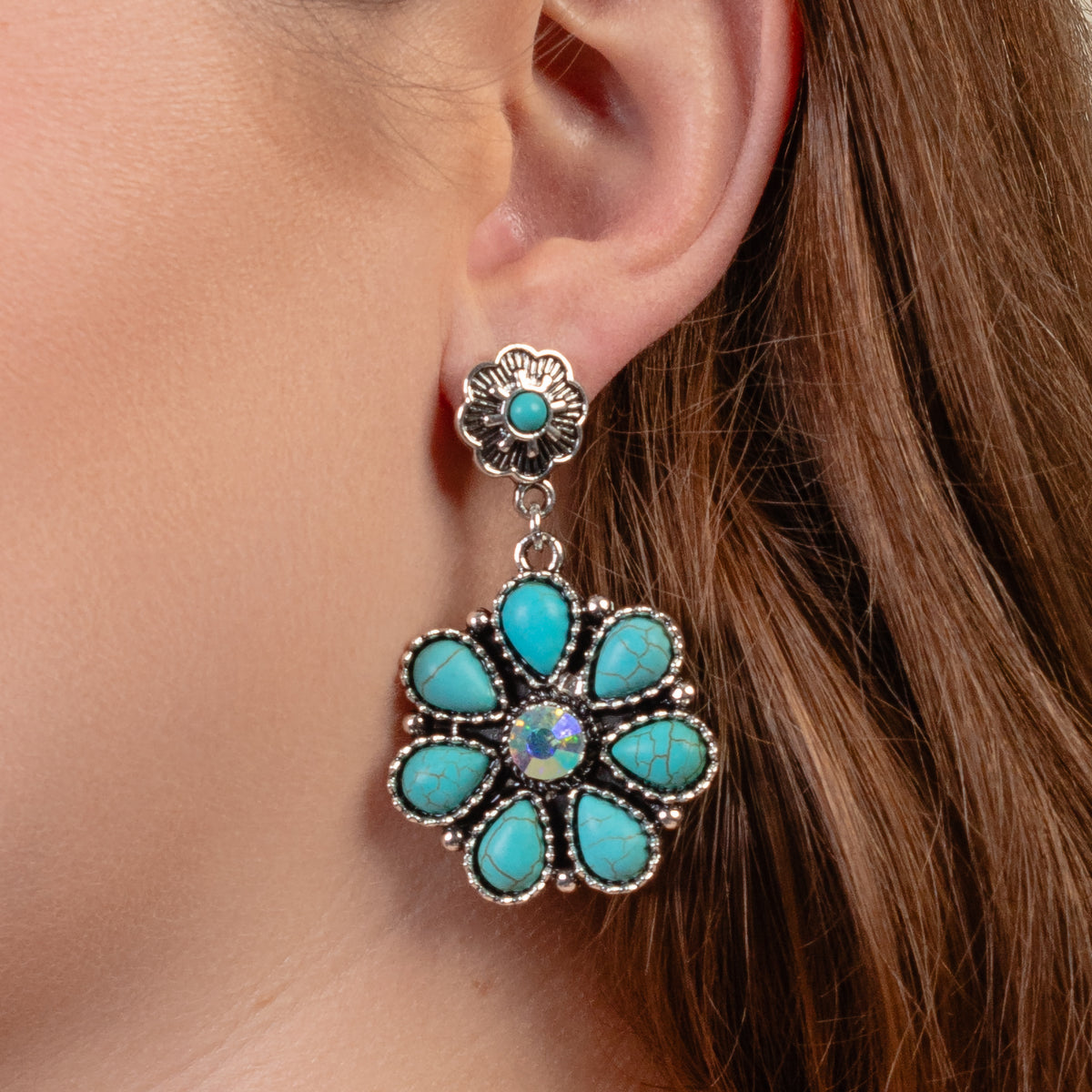 93340 - Crystal Flower Earrings - Turquoise