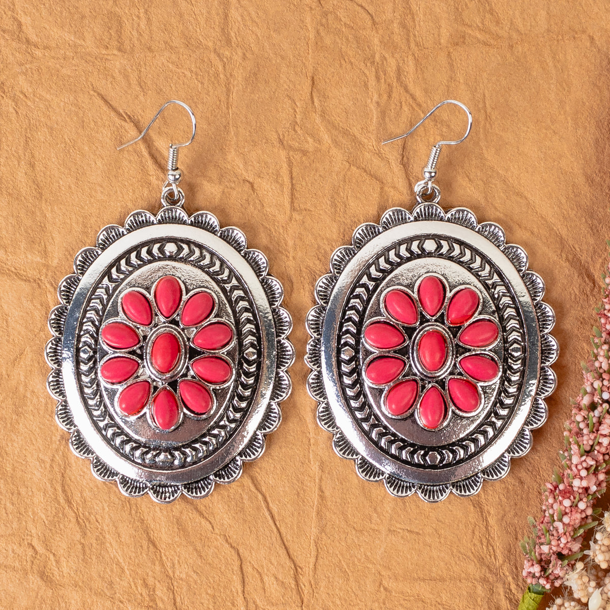 93341 - Squash Blossom Concho Earrings - Red & Silver