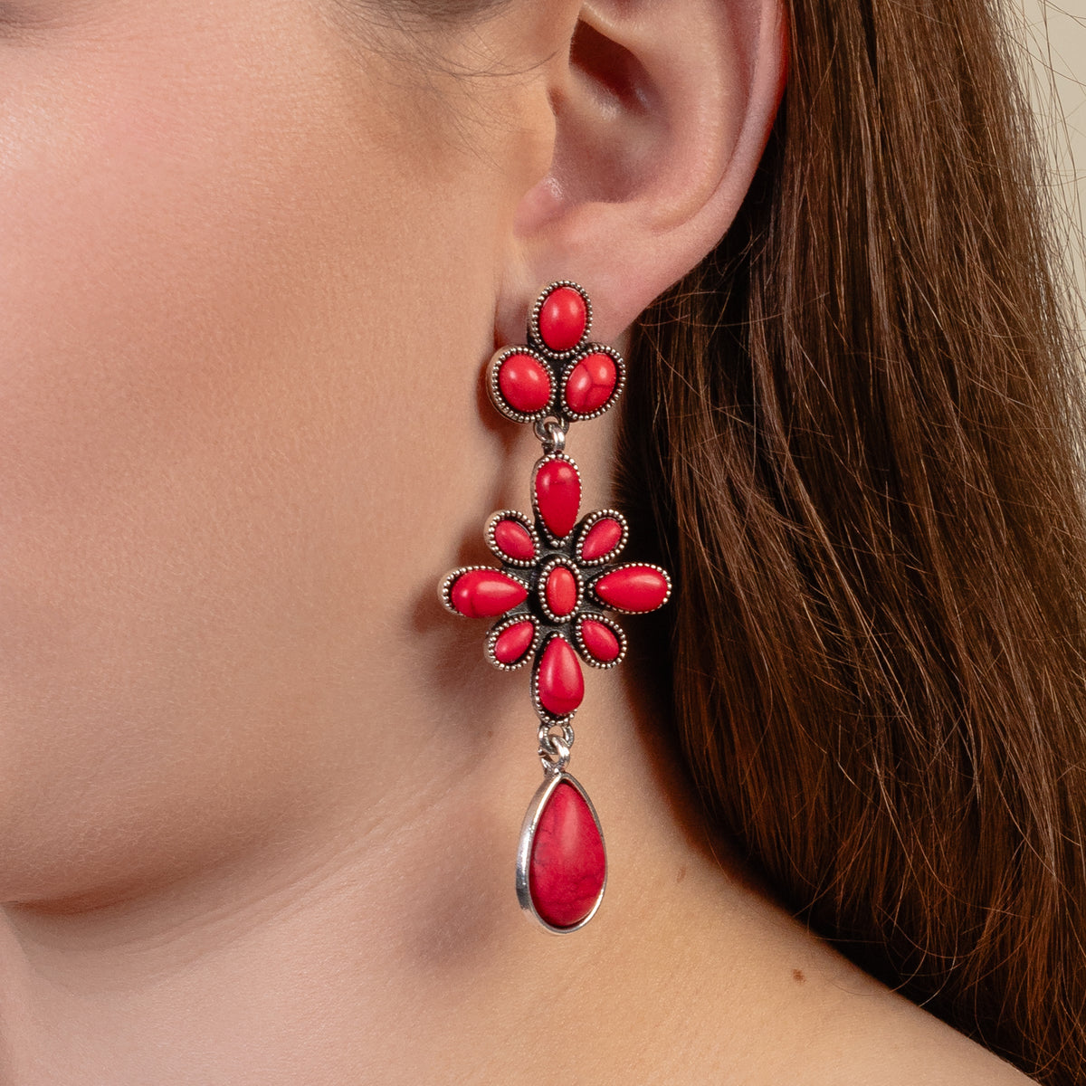 93342 - Squash Blossom Earrings - Red & Silver