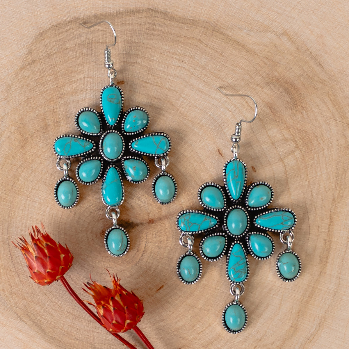 93359 - Squash Blossom Earrings - Turquoise & Silver