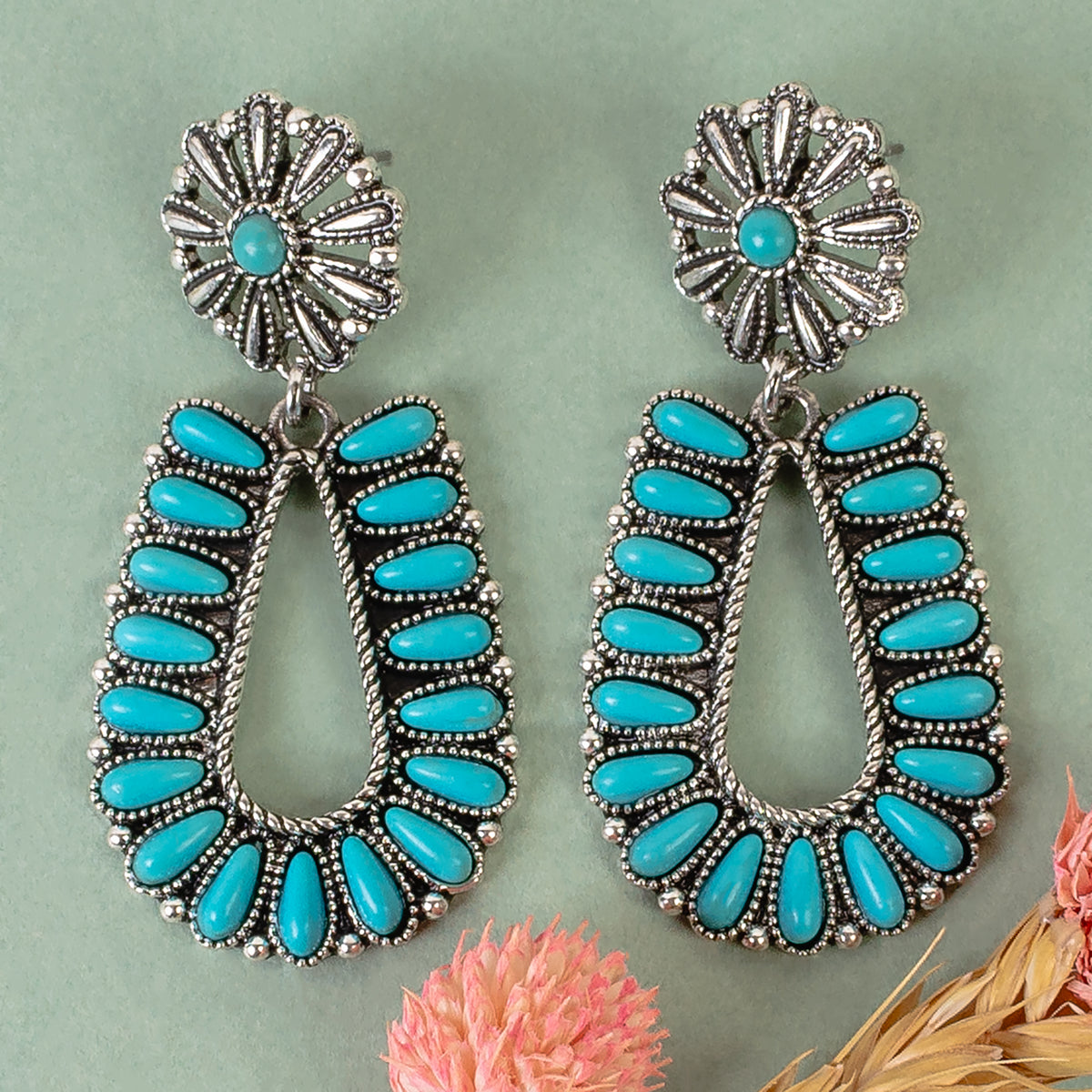 93411 - Squash Blossom Earrings - Turquoise & Silver