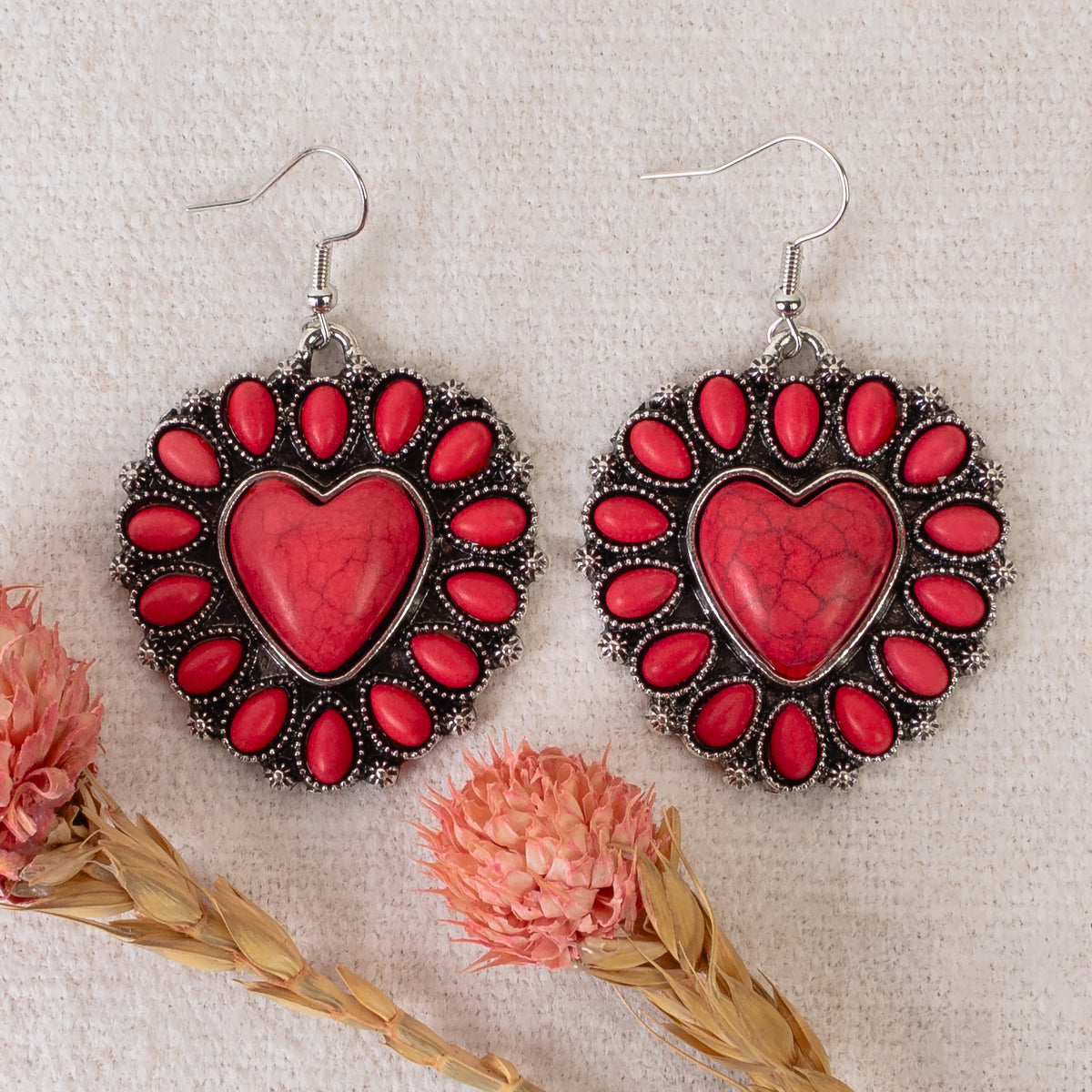 93416 - Squash Blossom Heart Earrings - Red & Silver