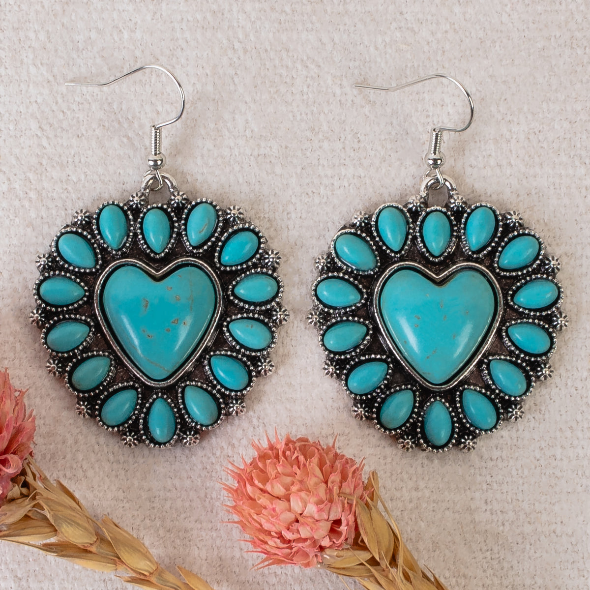 93416 - Squash Blossom Heart Earrings - Turquoise & Silver