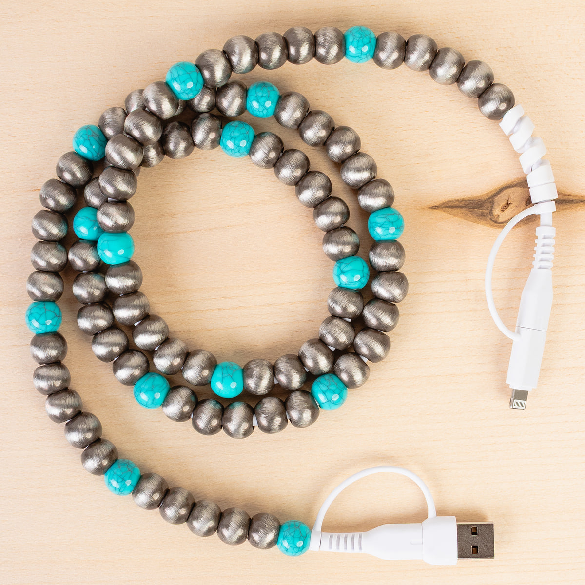CC01 - 4-in-1 Beaded Charging Cable - Turquoise & Silver