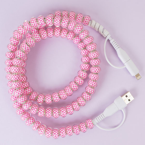 CC09 - 4-in-1 Beaded Charging Cable - Fuchsia & White | Your