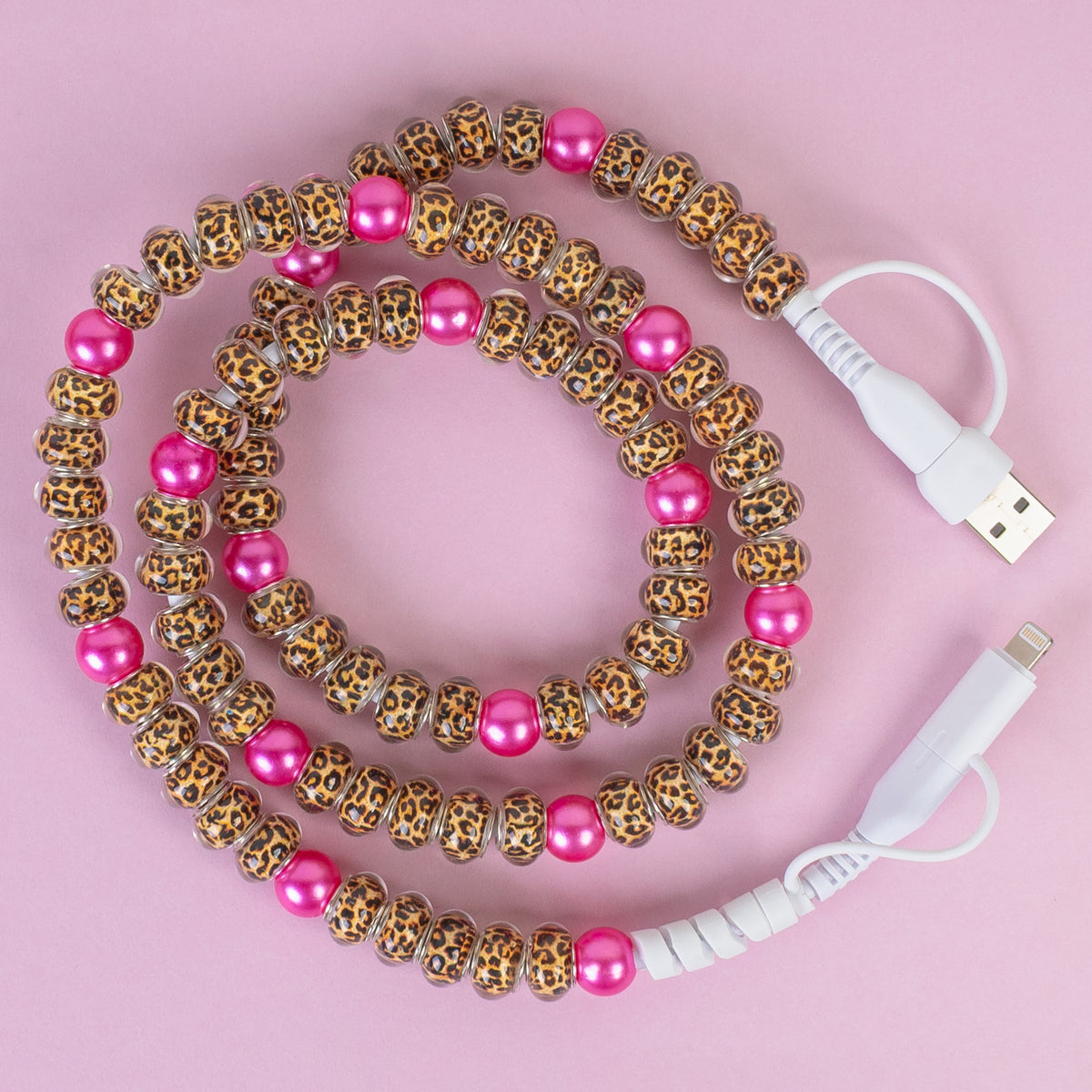 CC20 - 4-in-1 Beaded Charging Cable - Leopard & Fuchsia