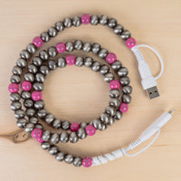 Load image into Gallery viewer, CC36 - 4-in-1 Beaded Charging Cable - Fuchsia &amp; Silver
