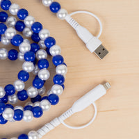 Load image into Gallery viewer, CC83 - 4-in-1 Extra Long Beaded Charging Cable - Royal Blue &amp; Pearl

