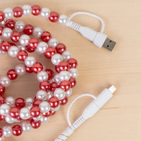 Load image into Gallery viewer, CC86 - 4-in-1 Extra Long Beaded Charging Cable - Red &amp; Pearl
