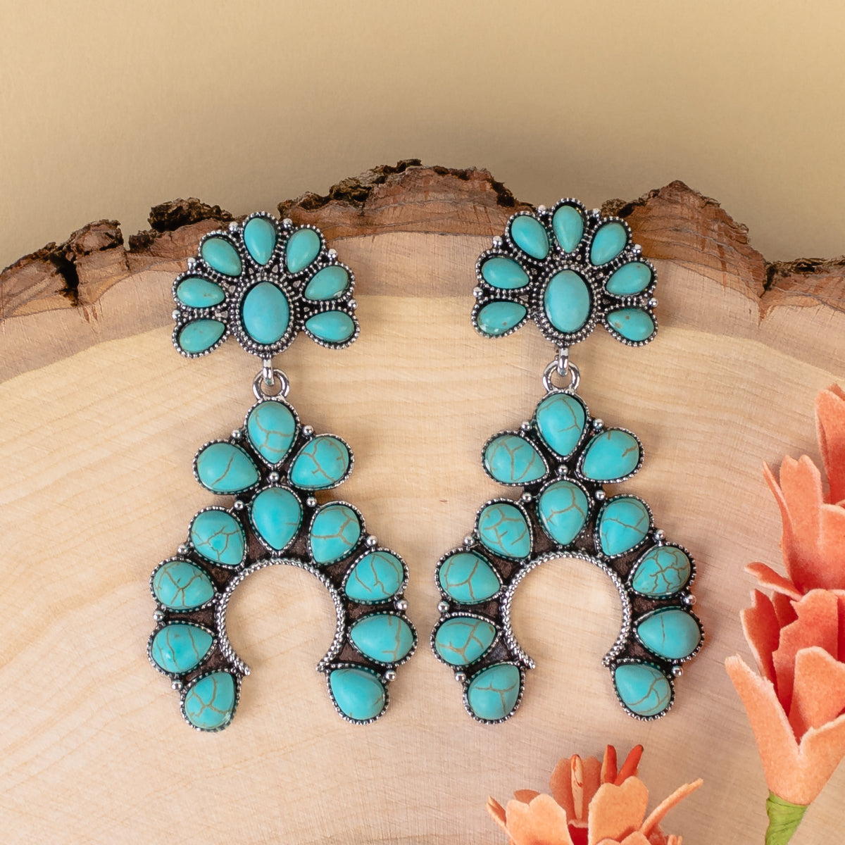 GGE117 - Squash Blossom Earrings - Turquoise & Silver