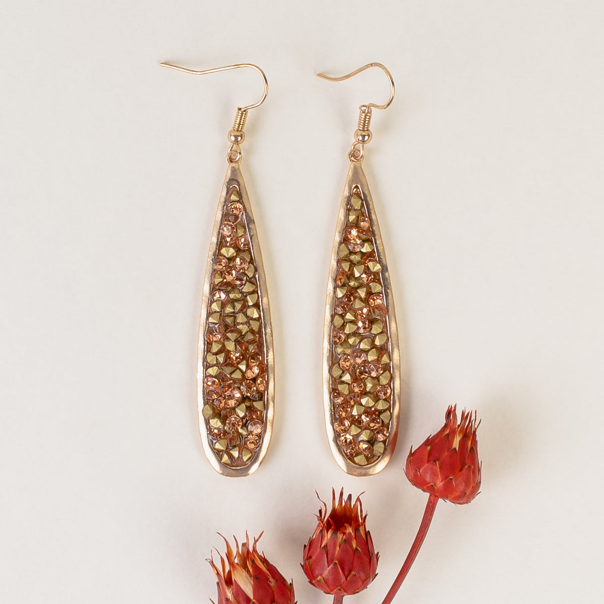 GGE24 - Rhinestone Teardrop Earrings - Bronze