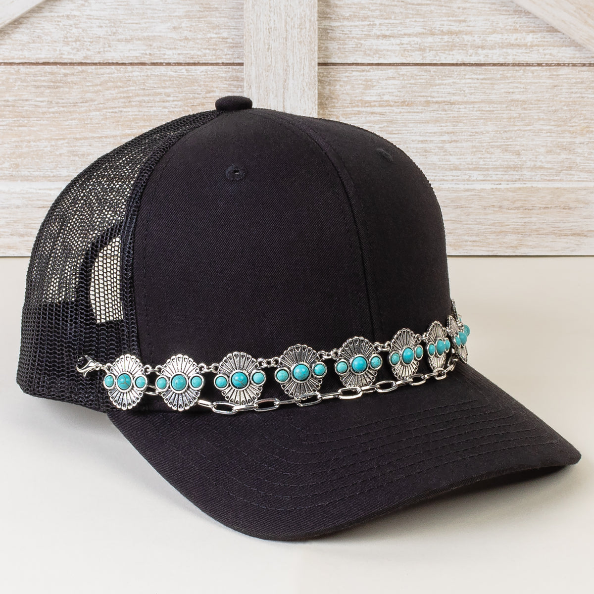 HA002 - Squash Blossom Trucker Hat Chain - Turquoise & Silver