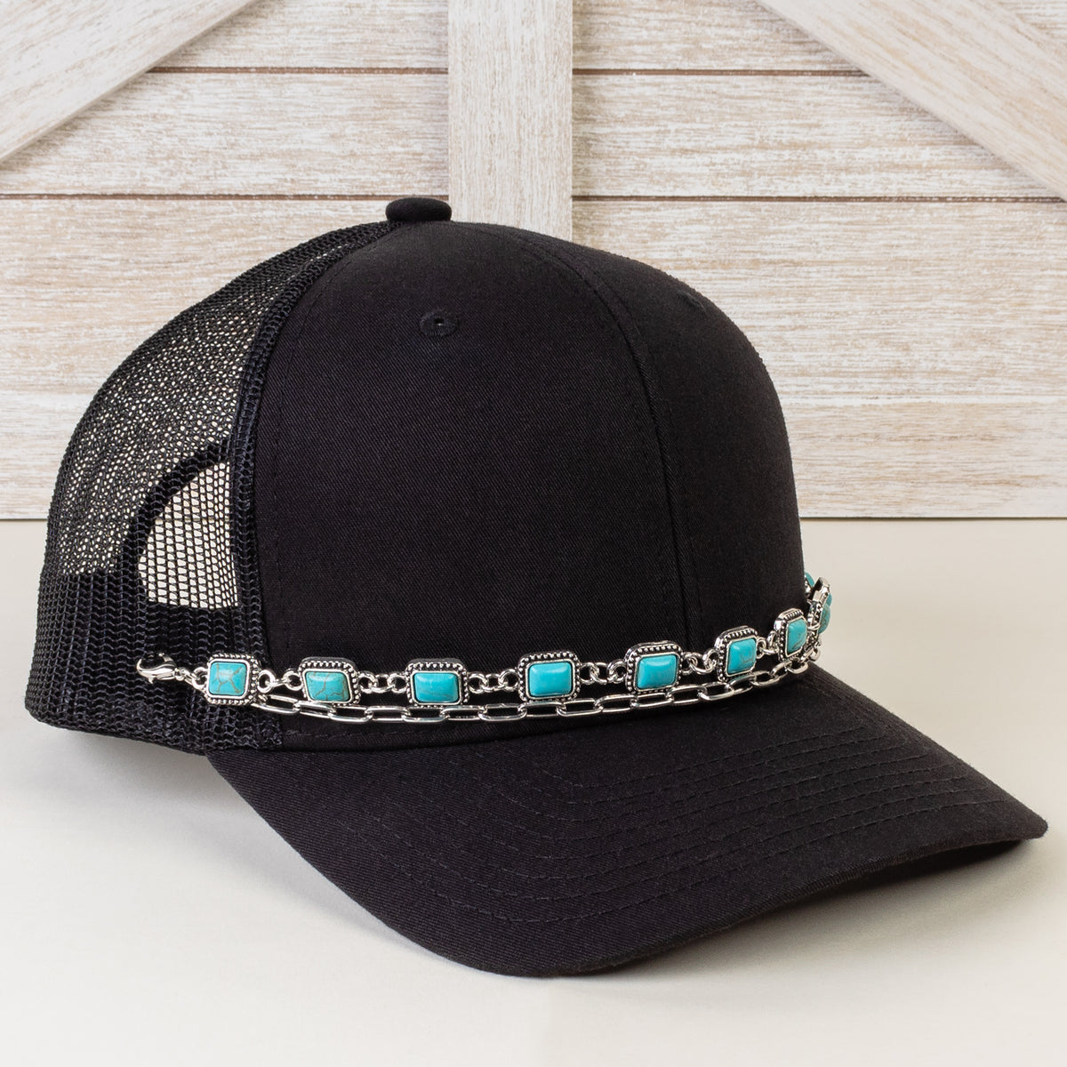 HA009 - Squash Blossom Trucker Hat Chain - Turquoise & Silver