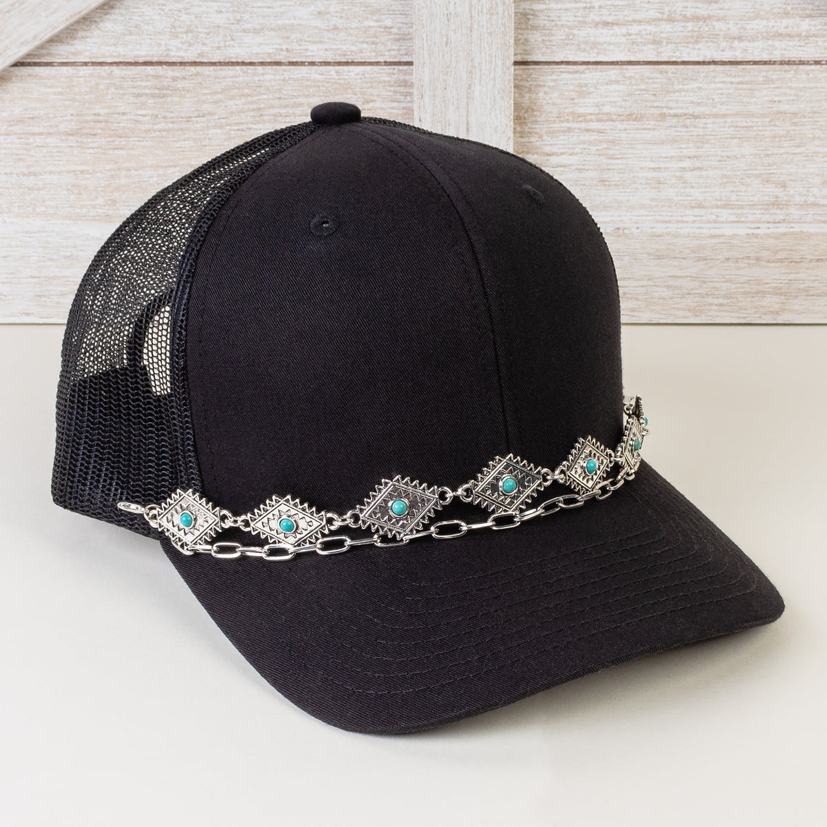 HA010 - Squash Blossom Trucker Hat Chain - Turquoise & Silver