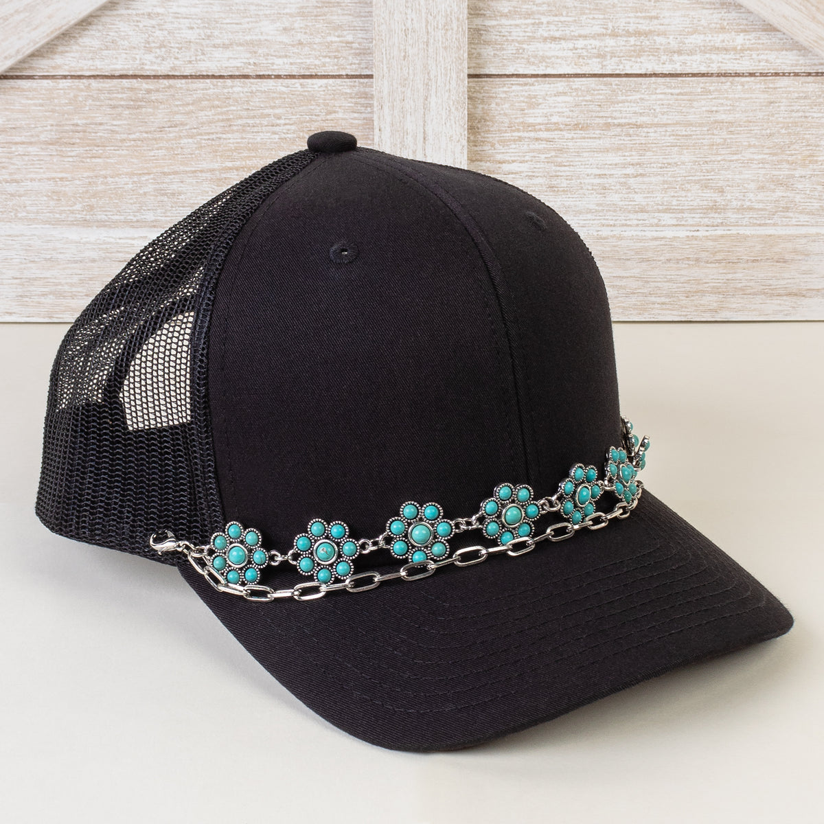 HA017 - Squash Blossom Trucker Hat Chain - Turquoise & Silver