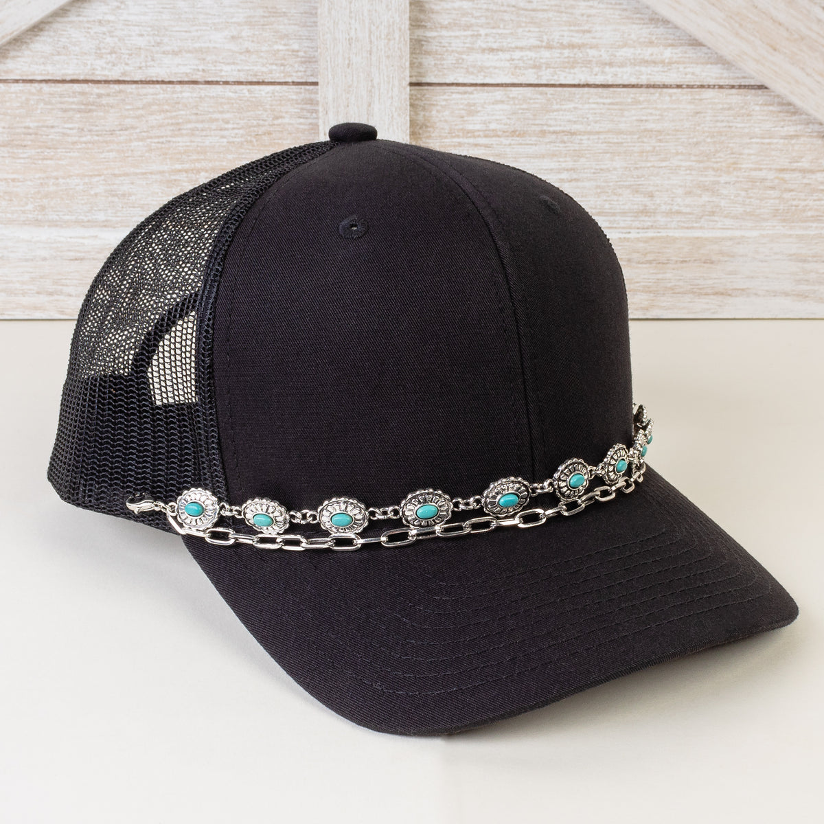 HA018 - Squash Blossom Trucker Hat Chain - Turquoise & Silver