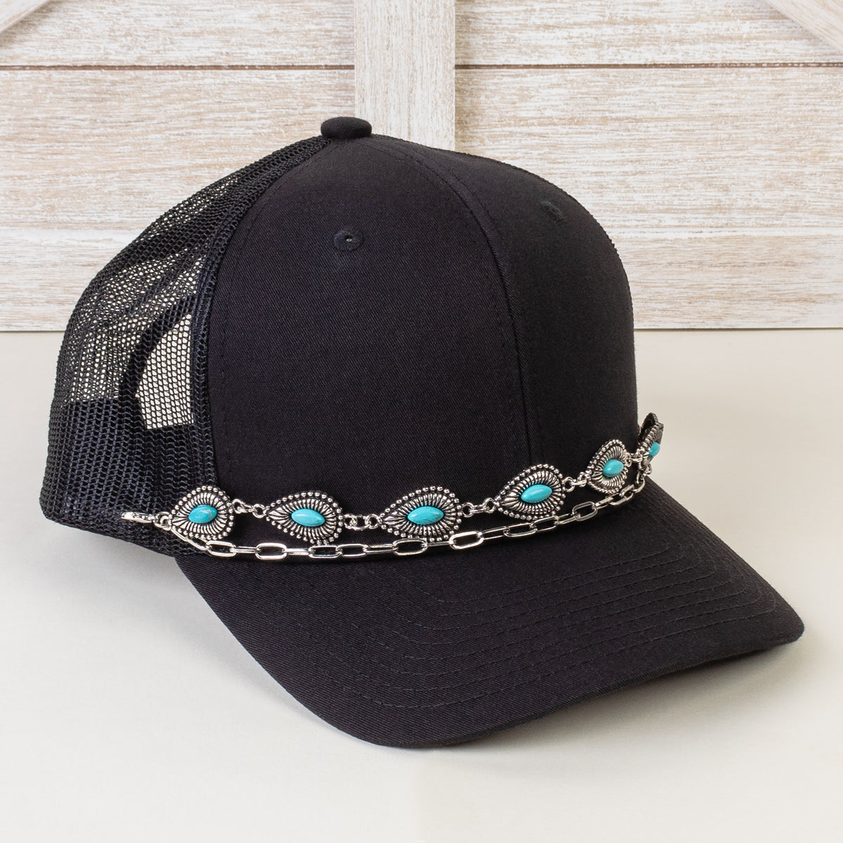 HA020 - Squash Blossom Trucker Hat Chain - Turquoise & Silver