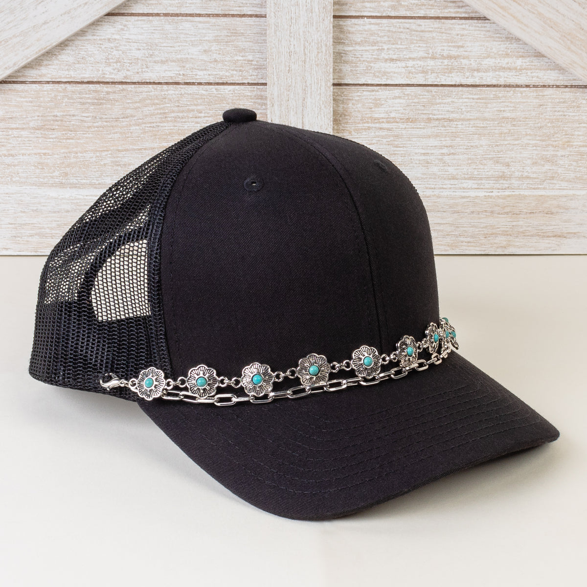 HA021 - Squash Blossom Trucker Hat Chain - Turquoise & Silver