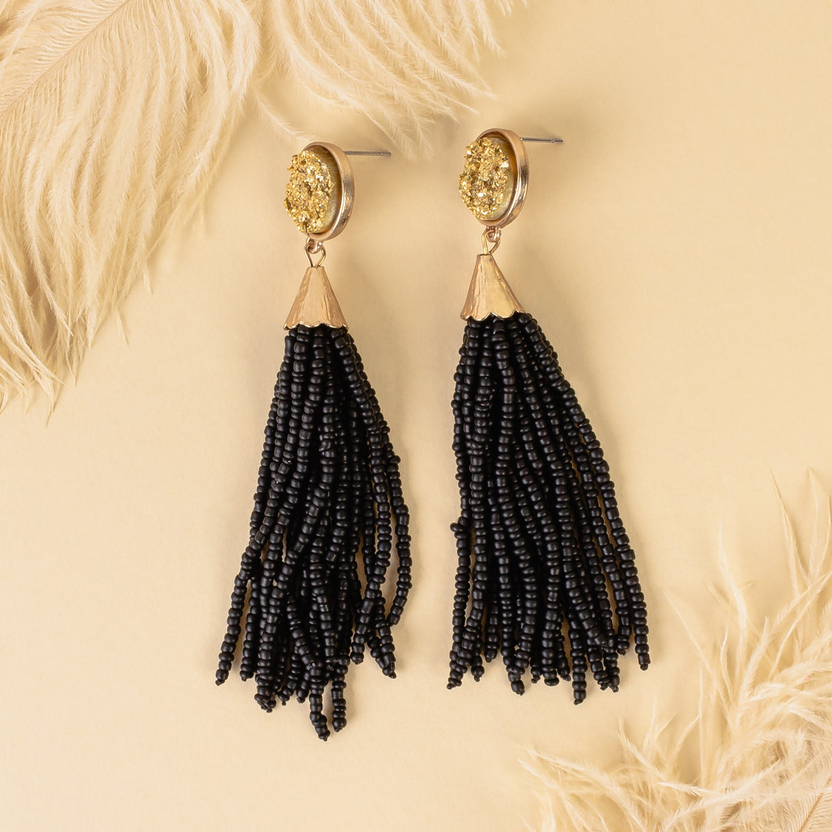 HOUDAY - Beaded Tassel Earrings - Black