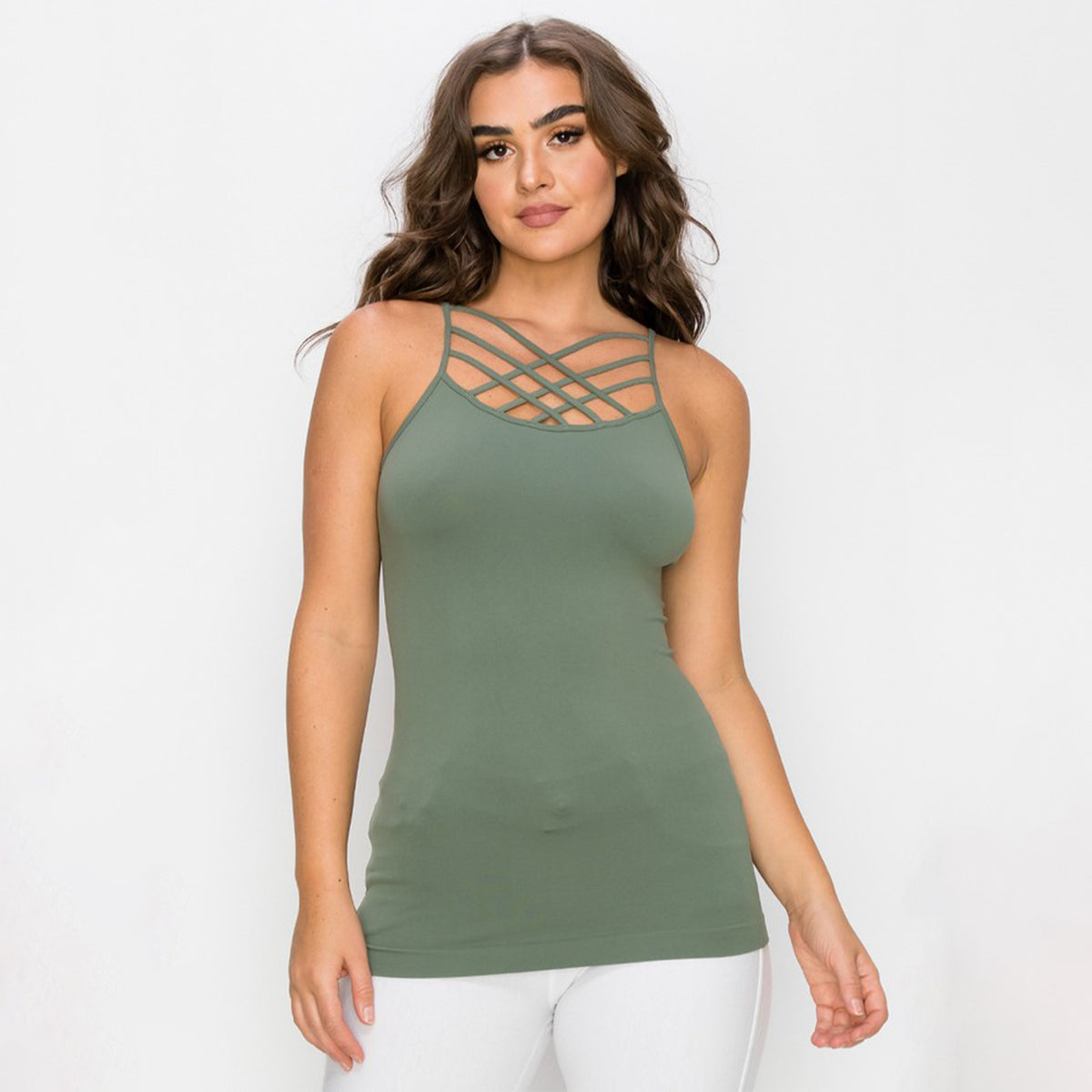 613 - Cami Seamless Triple Criss - Cross Front Cami - OLIVE