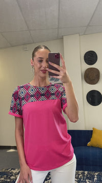 Load and play video in Gallery viewer, 10977 - Color Block Geometric Print Half Sleeve Top
