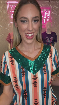 Load and play video in Gallery viewer, 30030 - Striped Geometric Print Top with Sequin Sleeves
