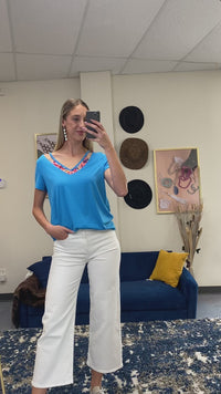 Load and play video in Gallery viewer, 30032 - V-Neck Half Sleeve Top with Abstract Print Accents
