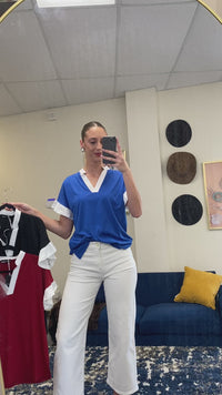 Load and play video in Gallery viewer, 50061 - Ruffle Sleeve V-Neck Top with White Trim - Black
