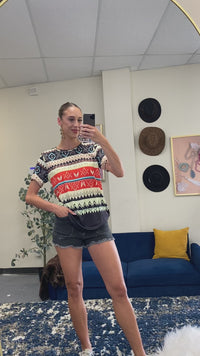 Load and play video in Gallery viewer, 30066 - Multi Geometric Print Half Sleeve Top
