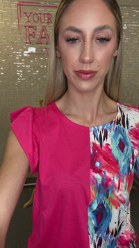 Load and play video in Gallery viewer, 10990 - Floral Color Block Half Sleeve Top with Ruffle Sleeves
